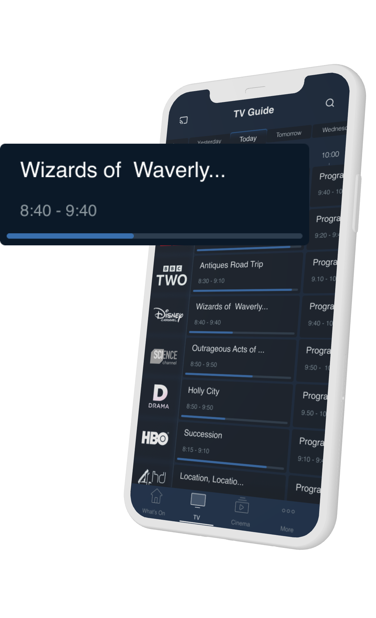 Mobile EPG with uniform tile sizing showing consistent programme titles and air times